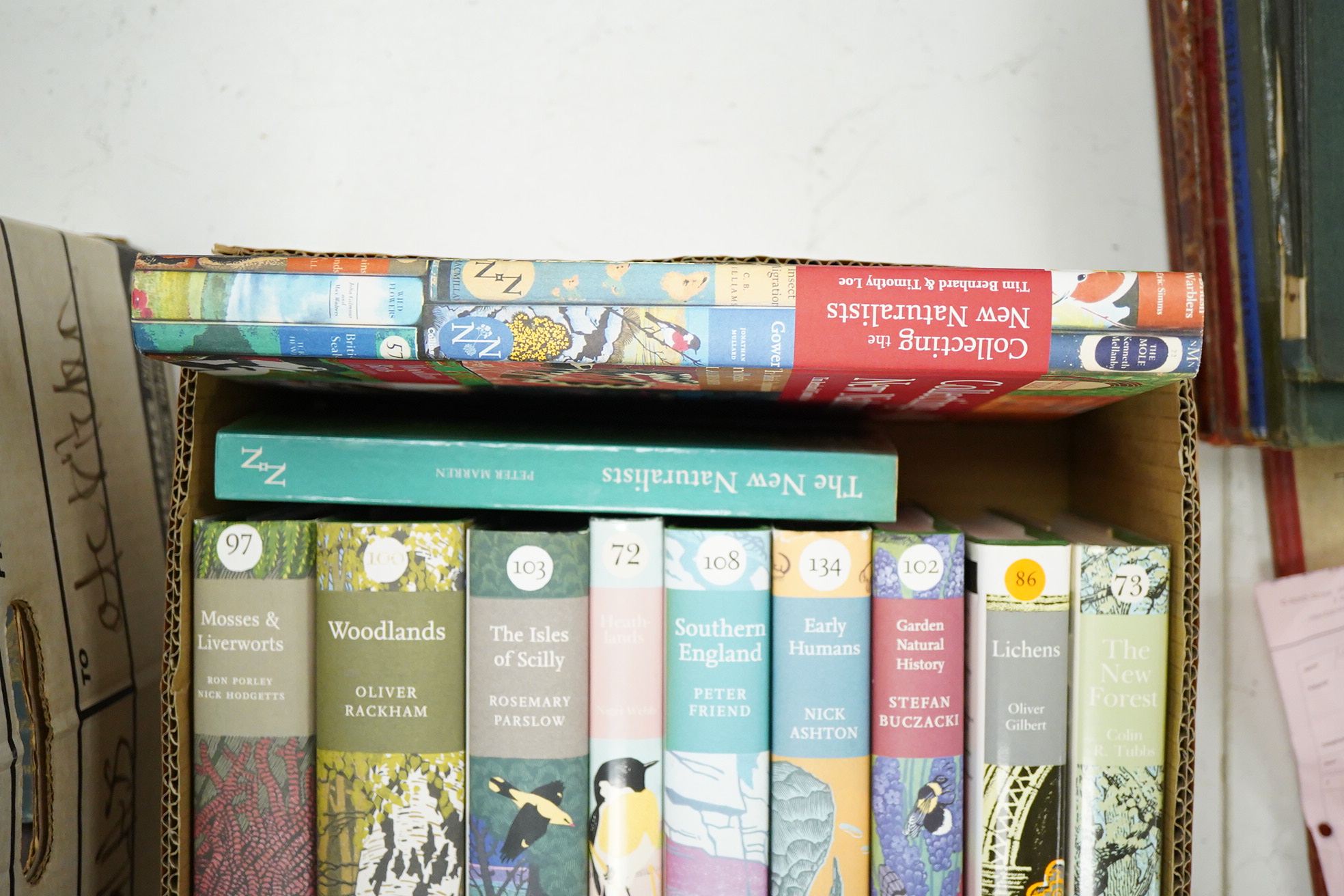 Collins New Naturalist series - the following titles: Heathlands (Webb, no.72); The New Forest (Tubbs, 73); Lichens (Gilbert, 86); Mosses and Liverworts (Porley & Hodgetts,97); Woodlands (Rackham,100); Garden Natural His